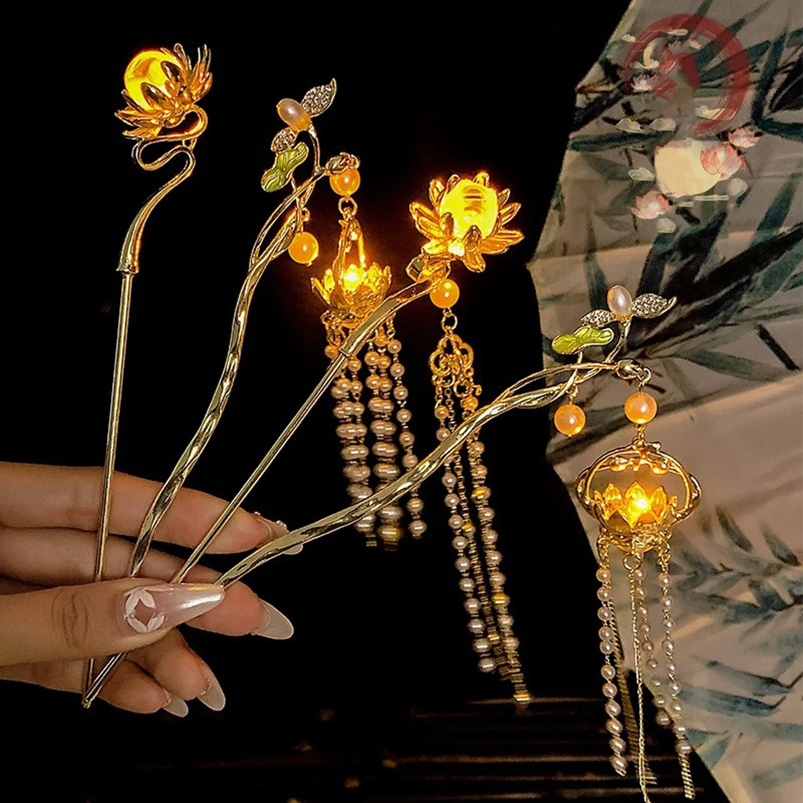 Luminous Flower Hairpin Women Creative Lotus Emit Light Lantern Tassel Hair Stick Vintage Chinese Style Fashion Hair Accessories