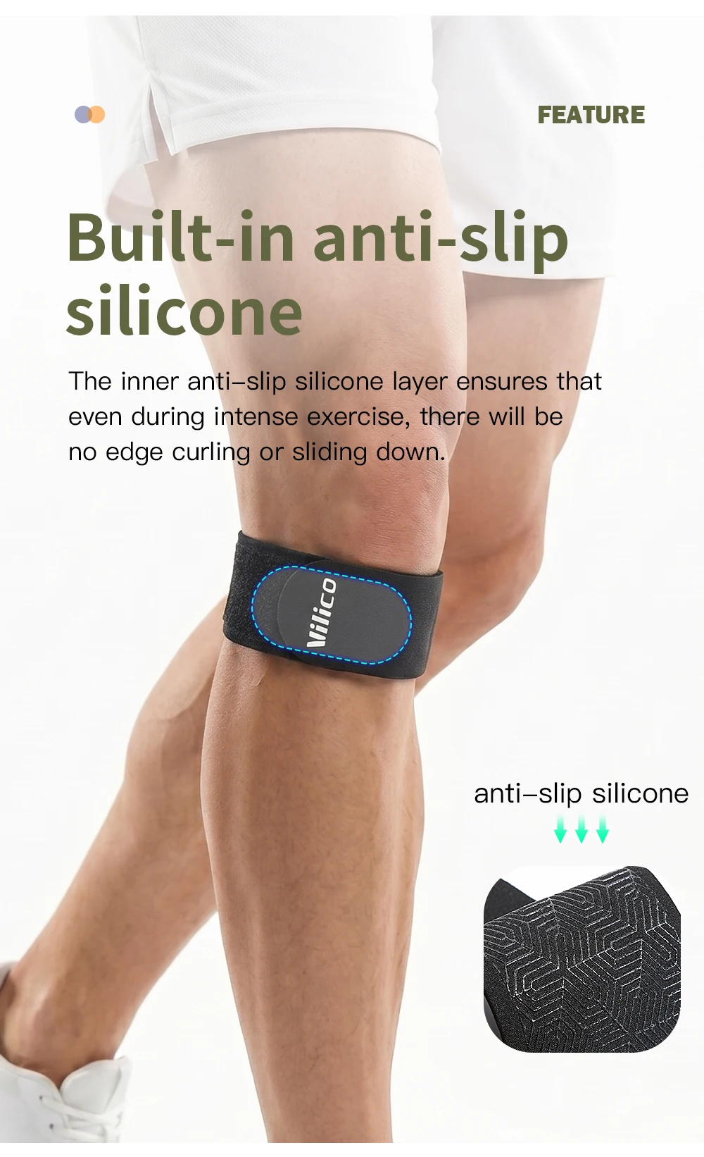 1Pc Patellar Tendon Band, Vilico Ultra Thin 0.9mm Anti-slip Adjustable Compression Knee Strap for Running Cycling Workout, Unise