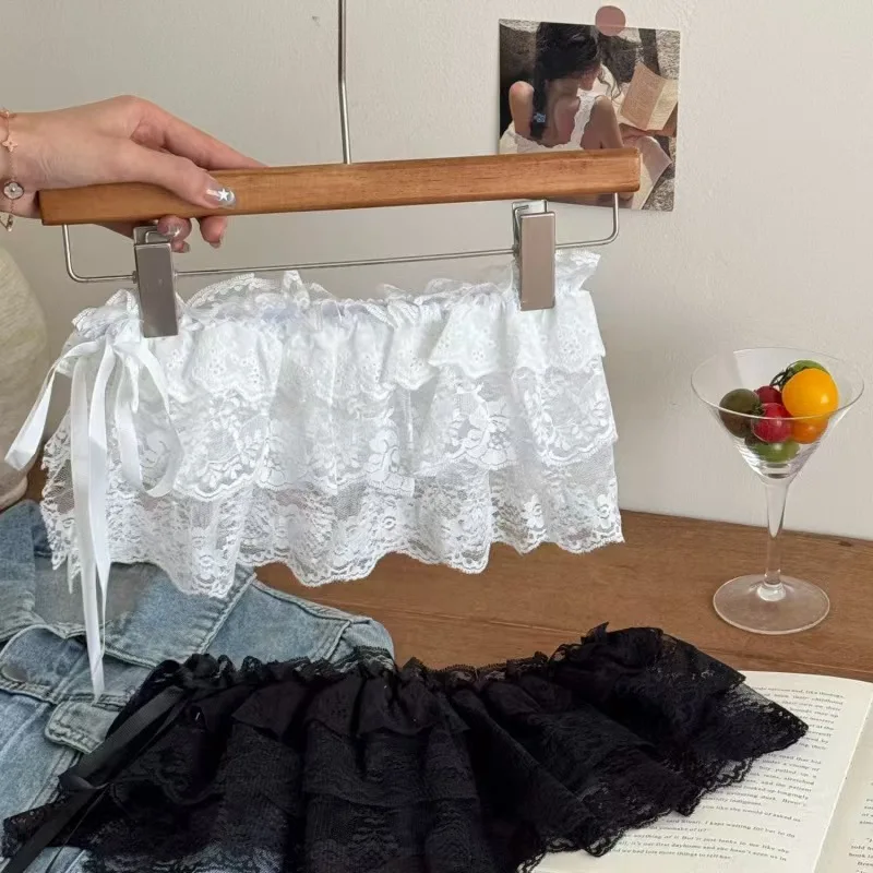 Korean Style Summer Lace Trim Under Skirt Sweatshirt Layering Versatile Belted Apron Flounce Hem Base Dress for Women