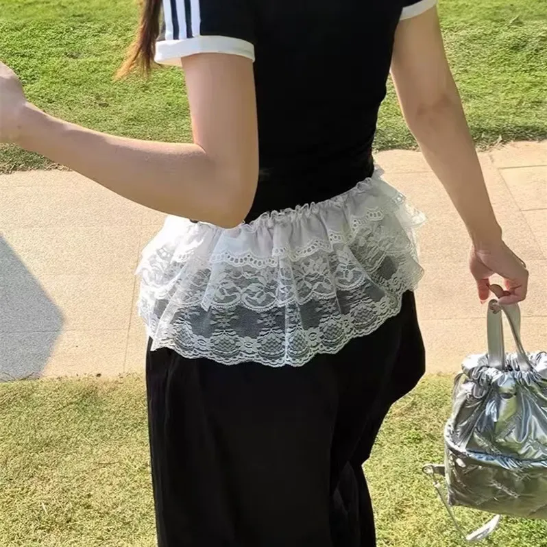 Korean Style Summer Lace Trim Under Skirt Sweatshirt Layering Versatile Belted Apron Flounce Hem Base Dress for Women