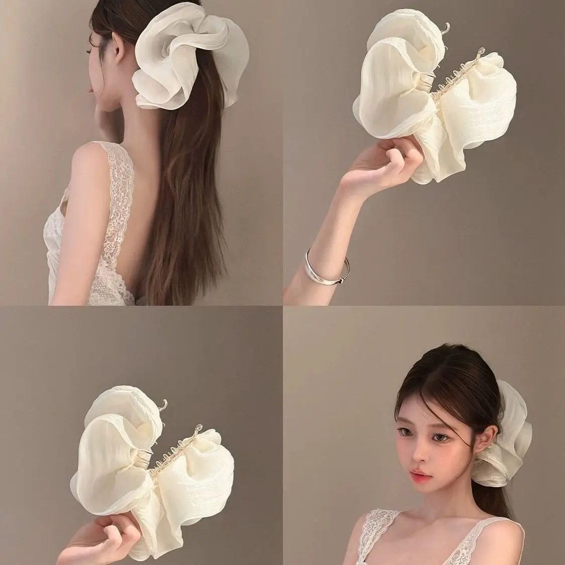 Soft Pleated Chiffon Flower Banana Hair Clips Anti Slip Holder Elegant Hair Barrettes Women Daily Wedding Party Hair Accessories