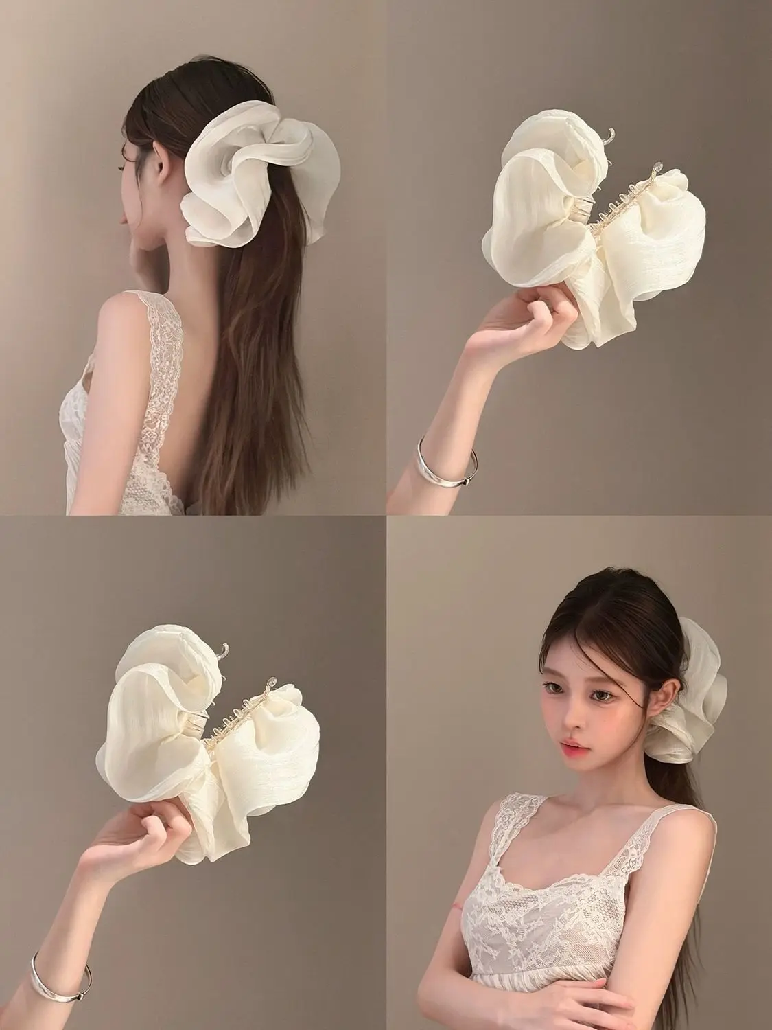 Soft Pleated Chiffon Flower Banana Hair Clips Anti Slip Holder Elegant Hair Barrettes Women Daily Wedding Party Hair Accessories