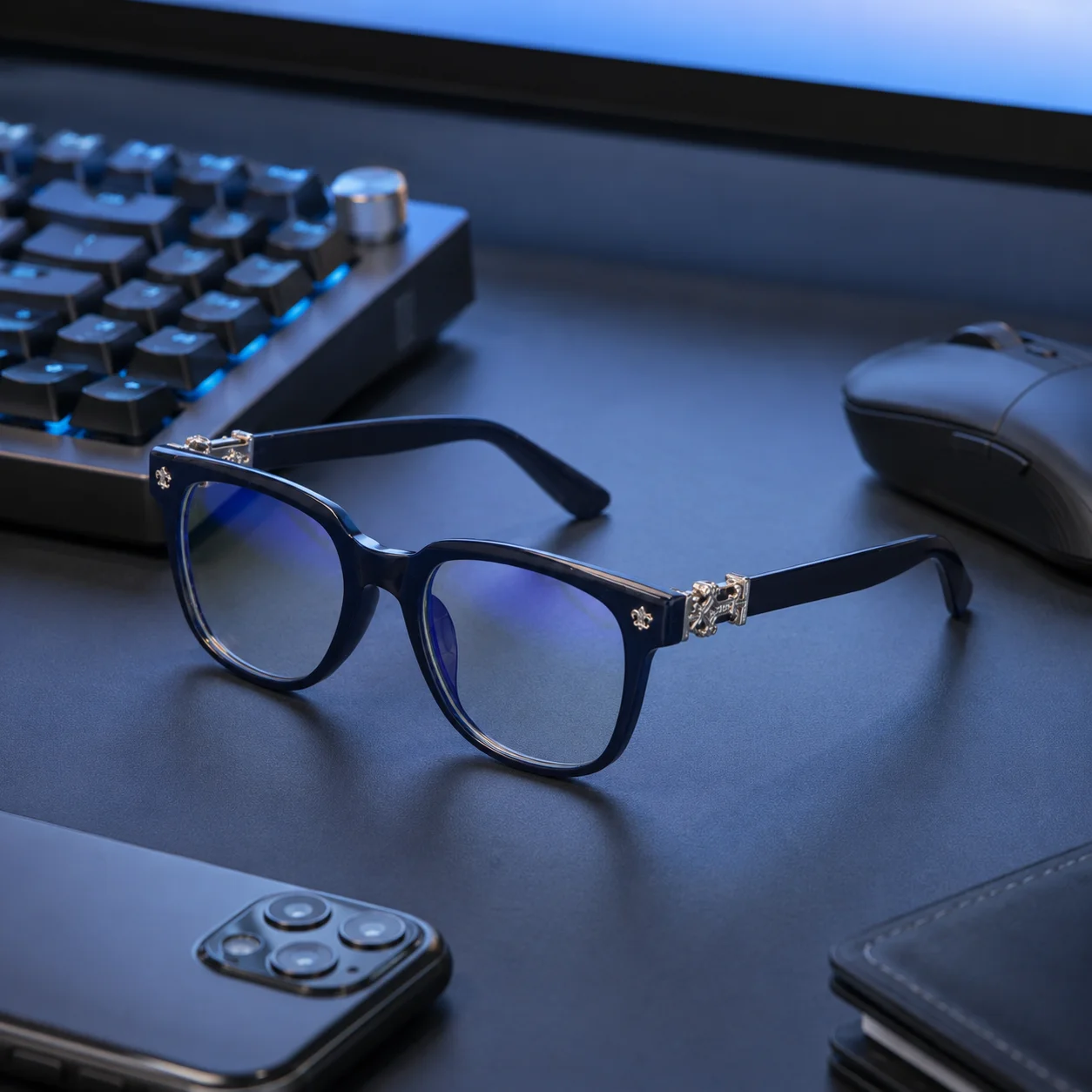 Unisex Square Anti Blue Light Glasses UV400 Gold Cross Hinge Black Clear Frame Computer Anti-Fatigue Eyeglasses