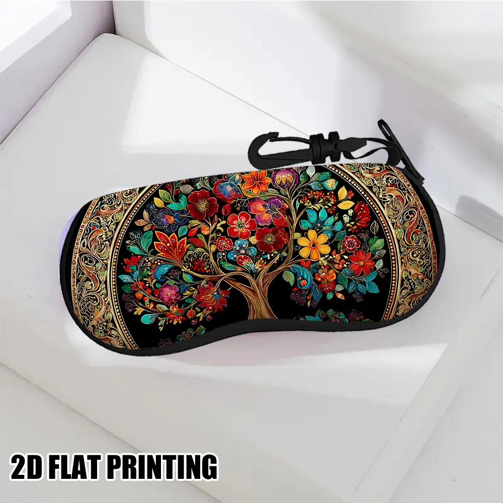 2D Flat Tree of Life Glasses Case, Ultra-Light Portable Zip Pouch w/ Keychain, Unisex for Regular/Reading Glasses, Random Zipper