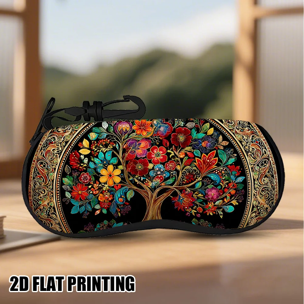 2D Flat Tree of Life Glasses Case, Ultra-Light Portable Zip Pouch w/ Keychain, Unisex for Regular/Reading Glasses, Random Zipper