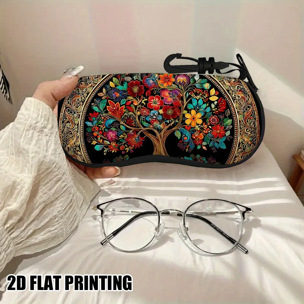 2D Flat Tree of Life Glasses Case, Ultra-Light Portable Zip Pouch w/ Keychain, Unisex for Regular/Reading Glasses, Random Zipper