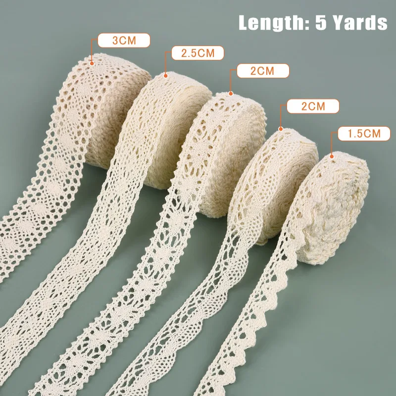 5Yards Cotton Lace Trim Ribbon Beige Sewing Trim Lace Ribbon Crochet Lace Fabric DIY Wedding Party Craft Gift Decor