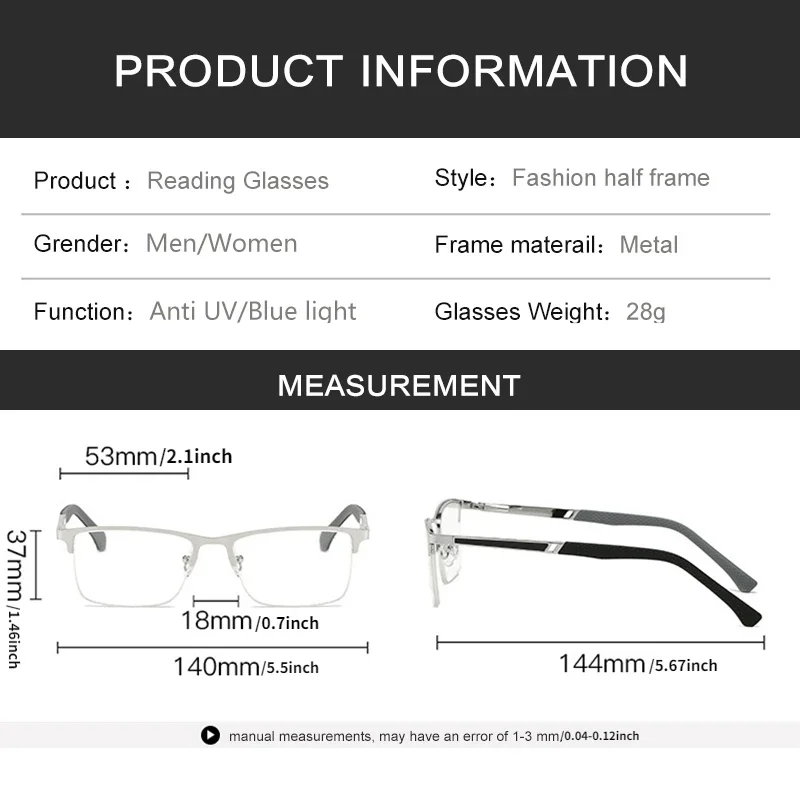 Men's Half-frame Business Reading Glasses Anti-blue Light Anti-fatigue Metal Frame Presbyopia Glasses +1.0 To +4.0