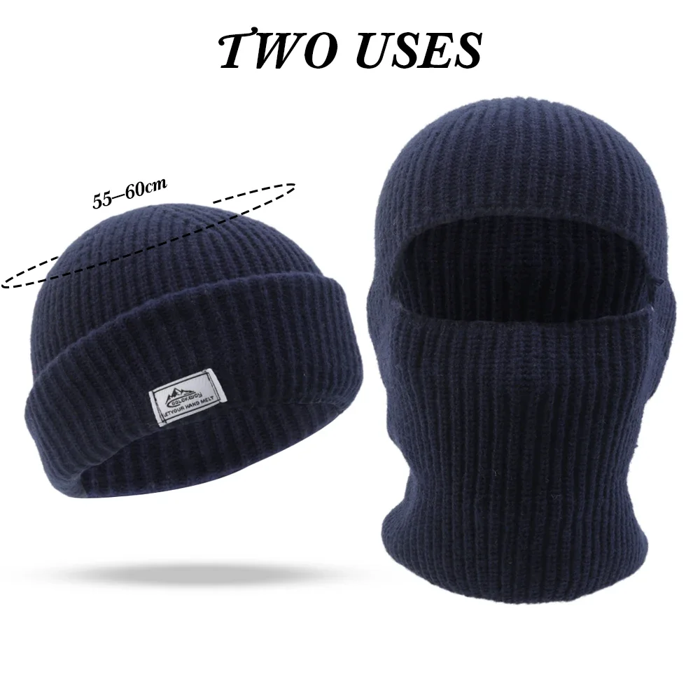 2 In1 Winter Mask Beanies Hats Warm Knitted Balaclava Hats Windproof Solid Full Face Ski Bonnet Tactical Cycling Earmuffs Cap
