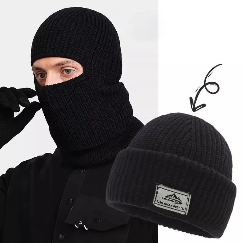 2 In1 Winter Mask Beanies Hats Warm Knitted Balaclava Hats Windproof Solid Full Face Ski Bonnet Tactical Cycling Earmuffs Cap