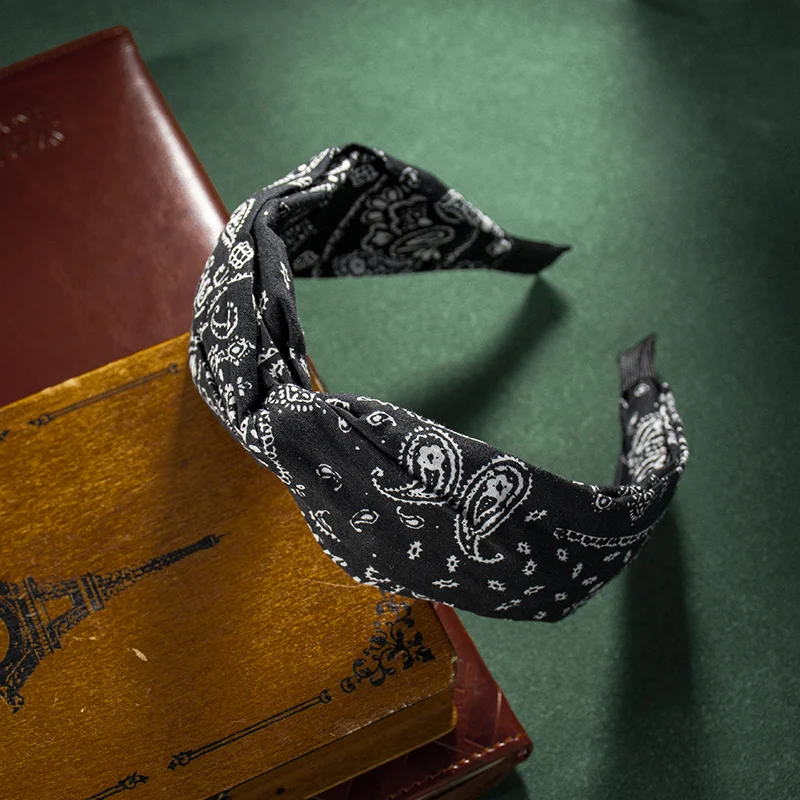Fashion Cotton Cashew Flowers Printing Soft Wide Hairhoop Hair Accessories for Women Casual Bow Cross Ethnic Headband Wholesale