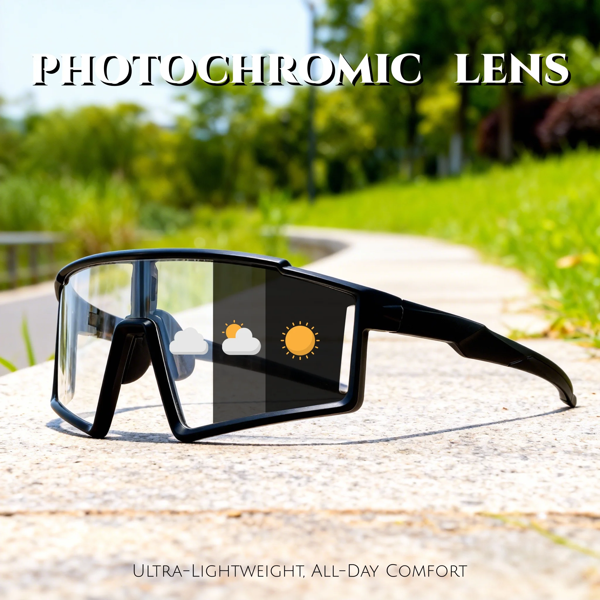 Photochromic One-Piece Sports Sunglasses - Oversized Wraparound Frame, UV400 Comfort Fit for Cycling, Fishing & Travel