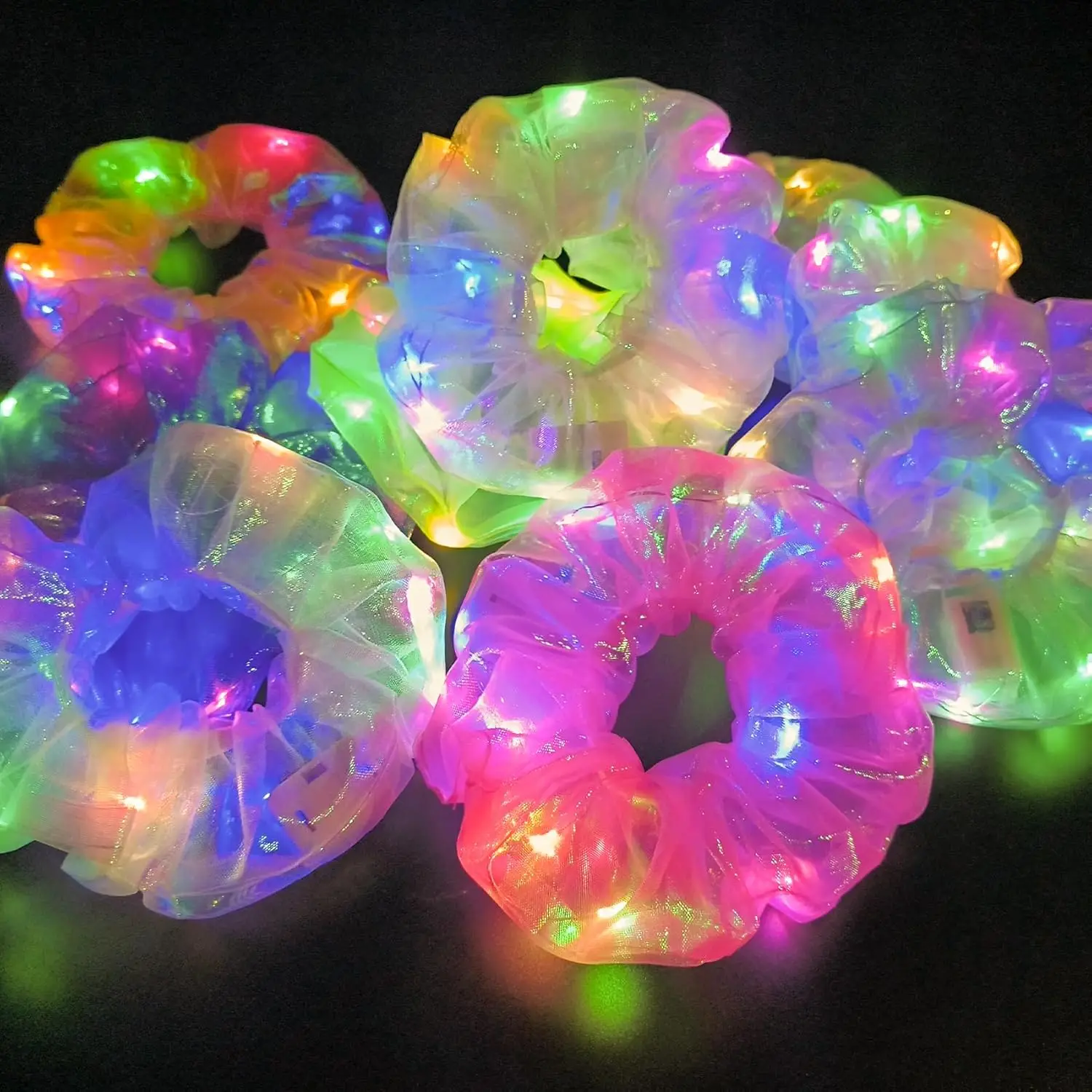 10pcs LED Scrunchies Light Up Organza Hair Scrunchy Elastic Hair Ties for Women Girl Glow in The Dark Party Supplies Neon Outfit