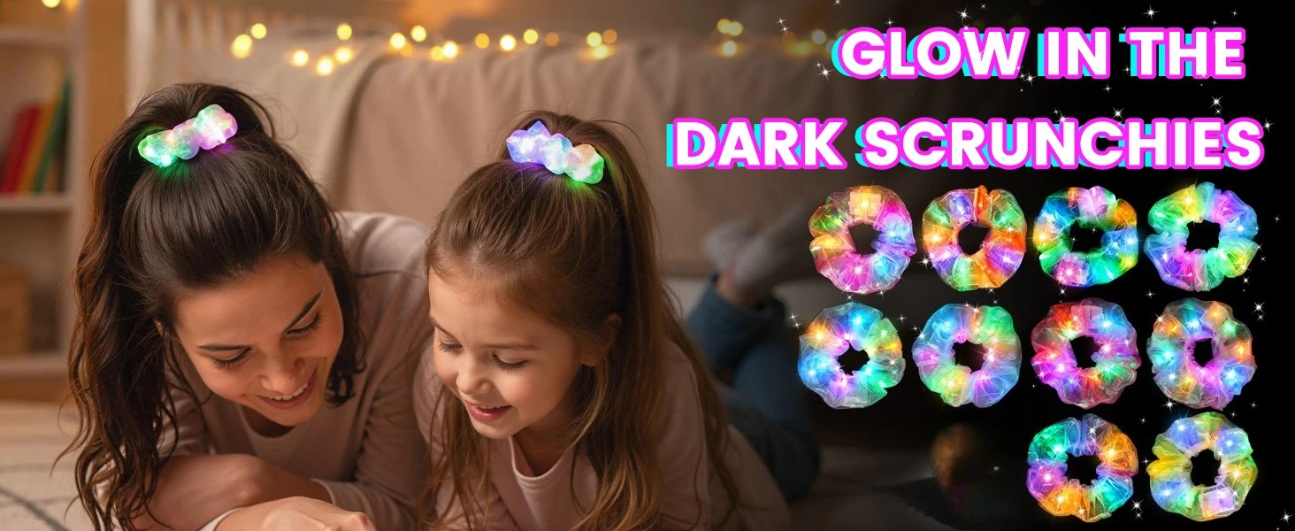 10pcs LED Scrunchies Light Up Organza Hair Scrunchy Elastic Hair Ties for Women Girl Glow in The Dark Party Supplies Neon Outfit