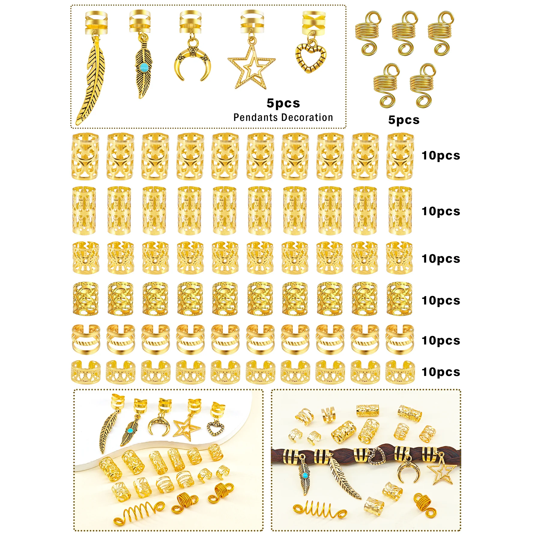 70PCS Hair Rings Multi Style(Heart,Star) Adjustable for Braid Loc Dreadlock Accessories for Women and Girls(Valentine'Day)
