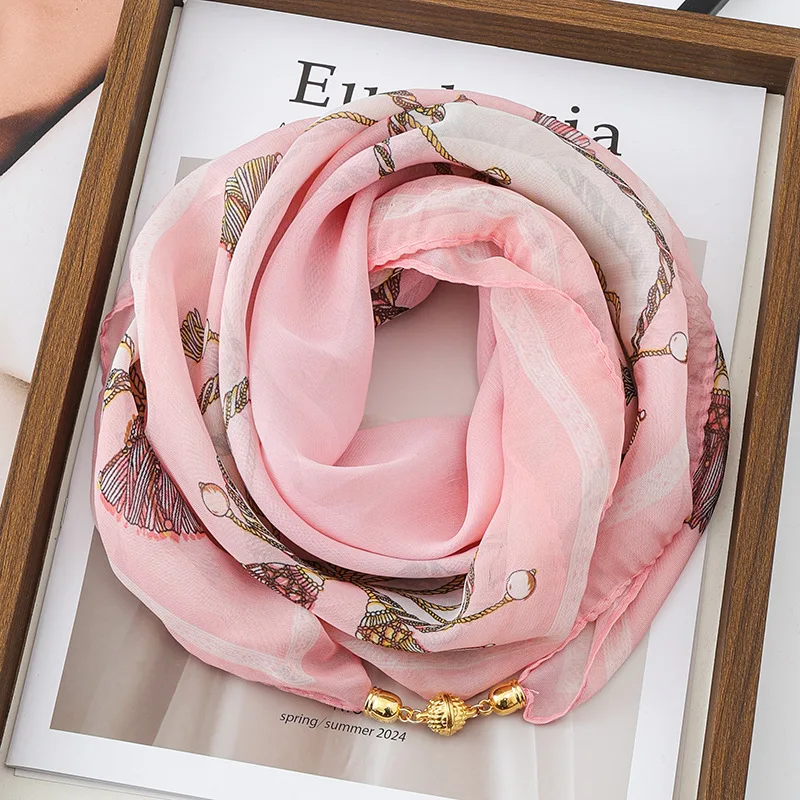 Thin Sun Protection Scarf Women Magnetic Clasp Small Square Shawl Chiffon Elegance Silk Air Conditioner Neck Protection Scarves