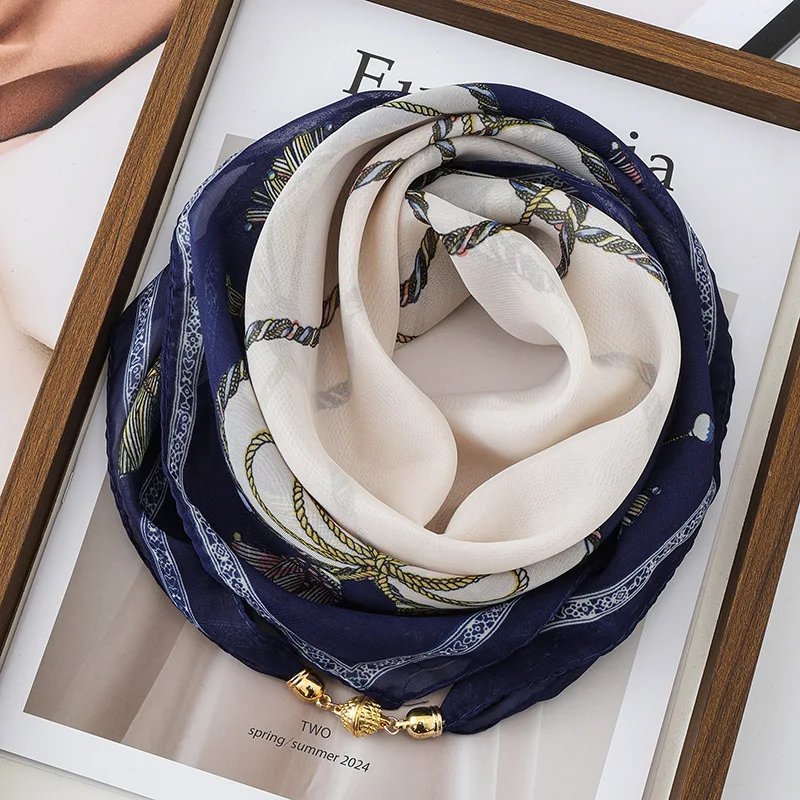 Thin Sun Protection Scarf Women Magnetic Clasp Small Square Shawl Chiffon Elegance Silk Air Conditioner Neck Protection Scarves