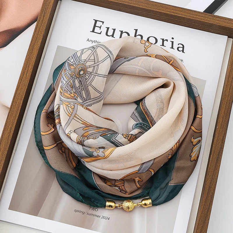 Thin Sun Protection Scarf Women Magnetic Clasp Small Square Shawl Chiffon Elegance Silk Air Conditioner Neck Protection Scarves