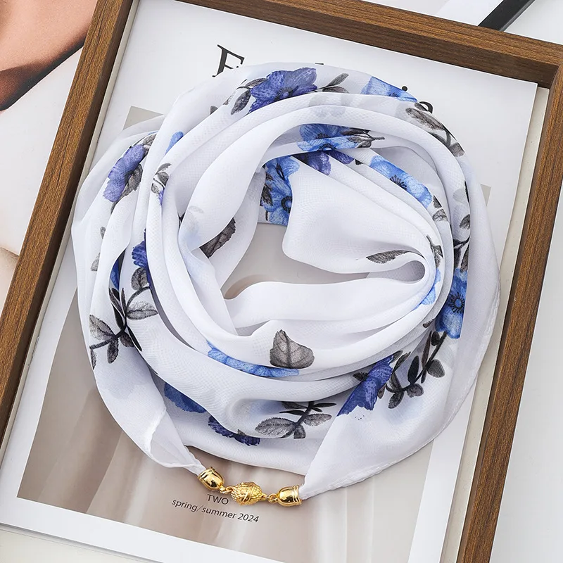 Thin Sun Protection Scarf Women Magnetic Clasp Small Square Shawl Chiffon Elegance Silk Air Conditioner Neck Protection Scarves