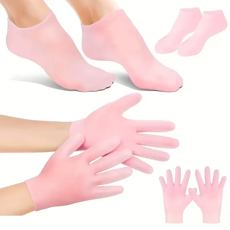 Silicone Moisture Socks & Gloves Set for Dry Cracked Skin, 4-Pc Reusable Non-Slip Treatment, Unscented