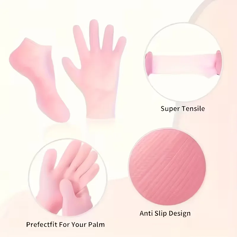 Silicone Moisture Socks & Gloves Set for Dry Cracked Skin, 4-Pc Reusable Non-Slip Treatment, Unscented