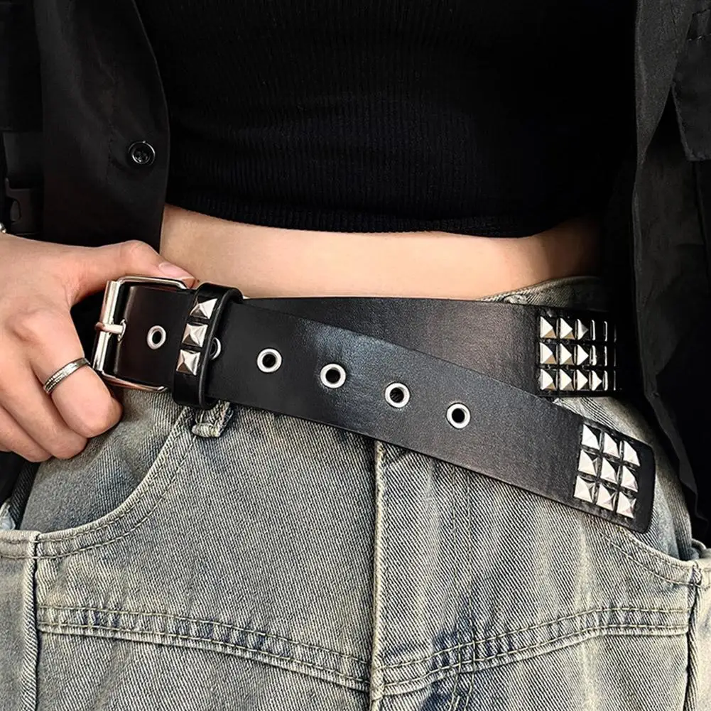 Studded Belt Punk Rock Rivet Belt Grommet Threads Belt with Bright Metal Pyramid for Women Men Black Pink White