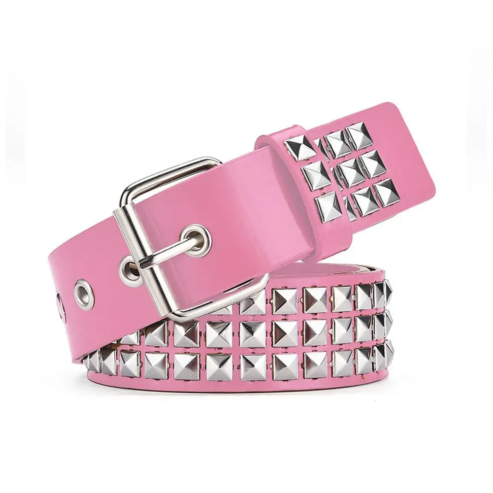 Studded Belt Punk Rock Rivet Belt Grommet Threads Belt with Bright Metal Pyramid for Women Men Black Pink White