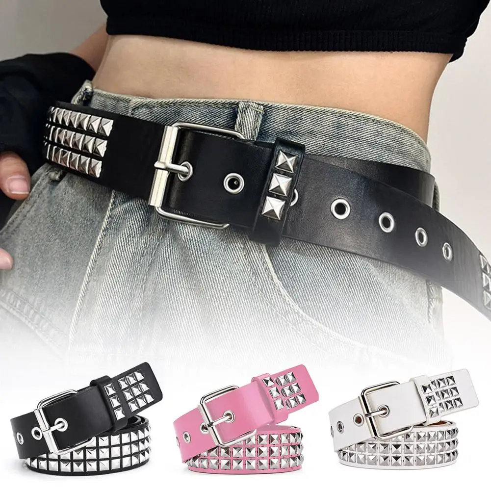 Studded Belt Punk Rock Rivet Belt Grommet Threads Belt with Bright Metal Pyramid for Women Men Black Pink White