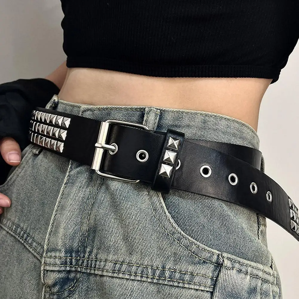 Studded Belt Punk Rock Rivet Belt Grommet Threads Belt with Bright Metal Pyramid for Women Men Black Pink White