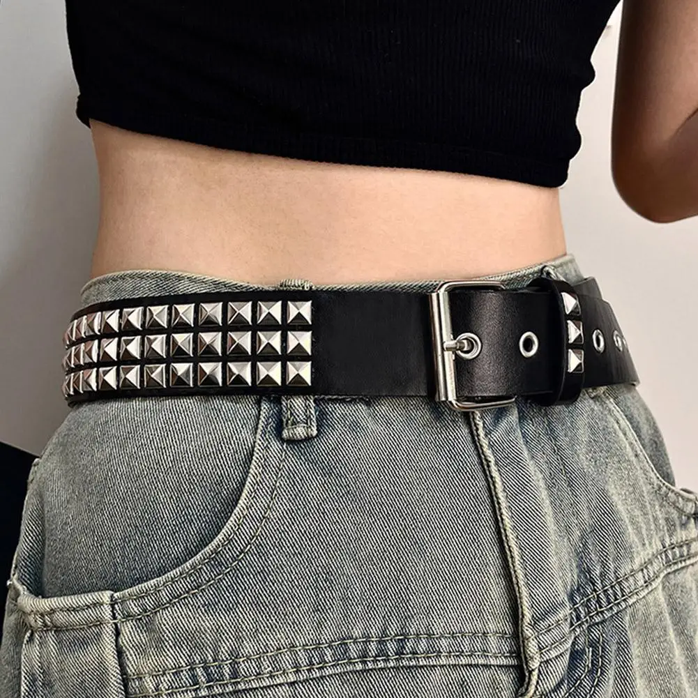 Studded Belt Punk Rock Rivet Belt Grommet Threads Belt with Bright Metal Pyramid for Women Men Black Pink White