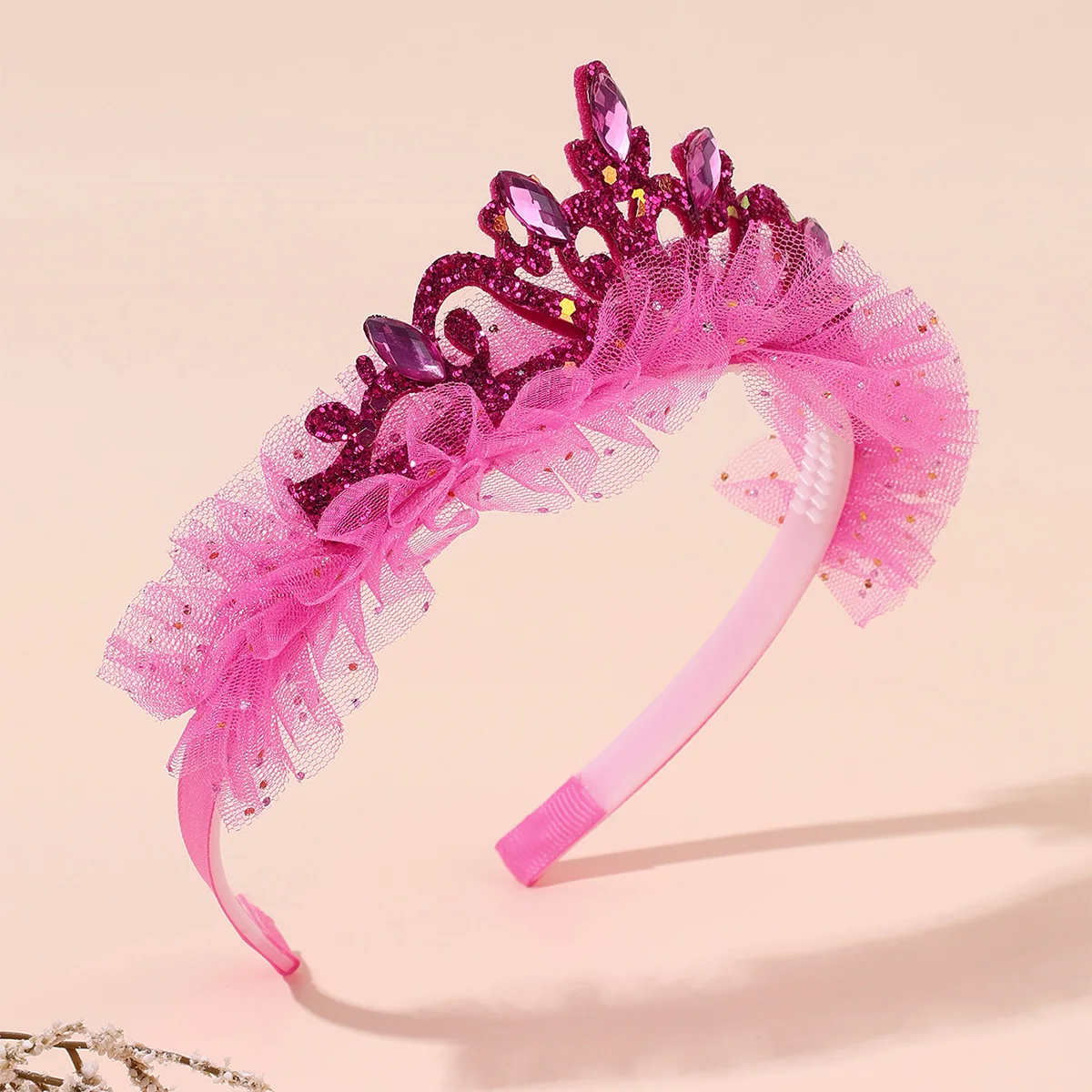 Cute Girls Glitter Princess Tiara Headband with Lace Tulle Rhinestone Crown Hair Hoop Kids Birthday Party Gift Hair Acces