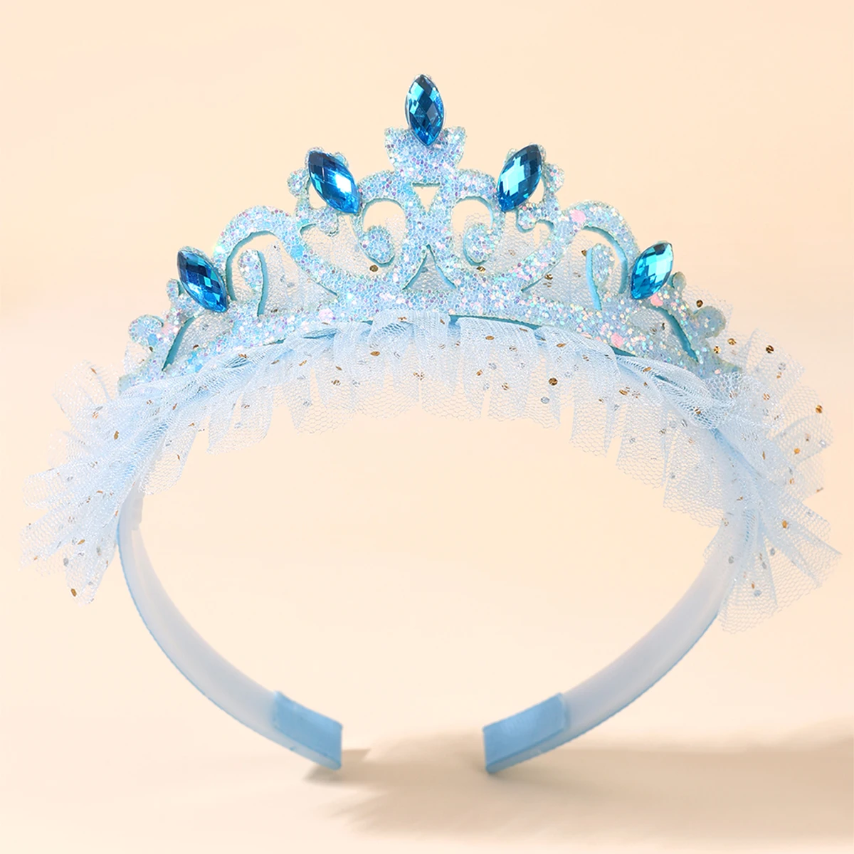 Cute Girls Glitter Princess Tiara Headband with Lace Tulle Rhinestone Crown Hair Hoop Kids Birthday Party Gift Hair Acces