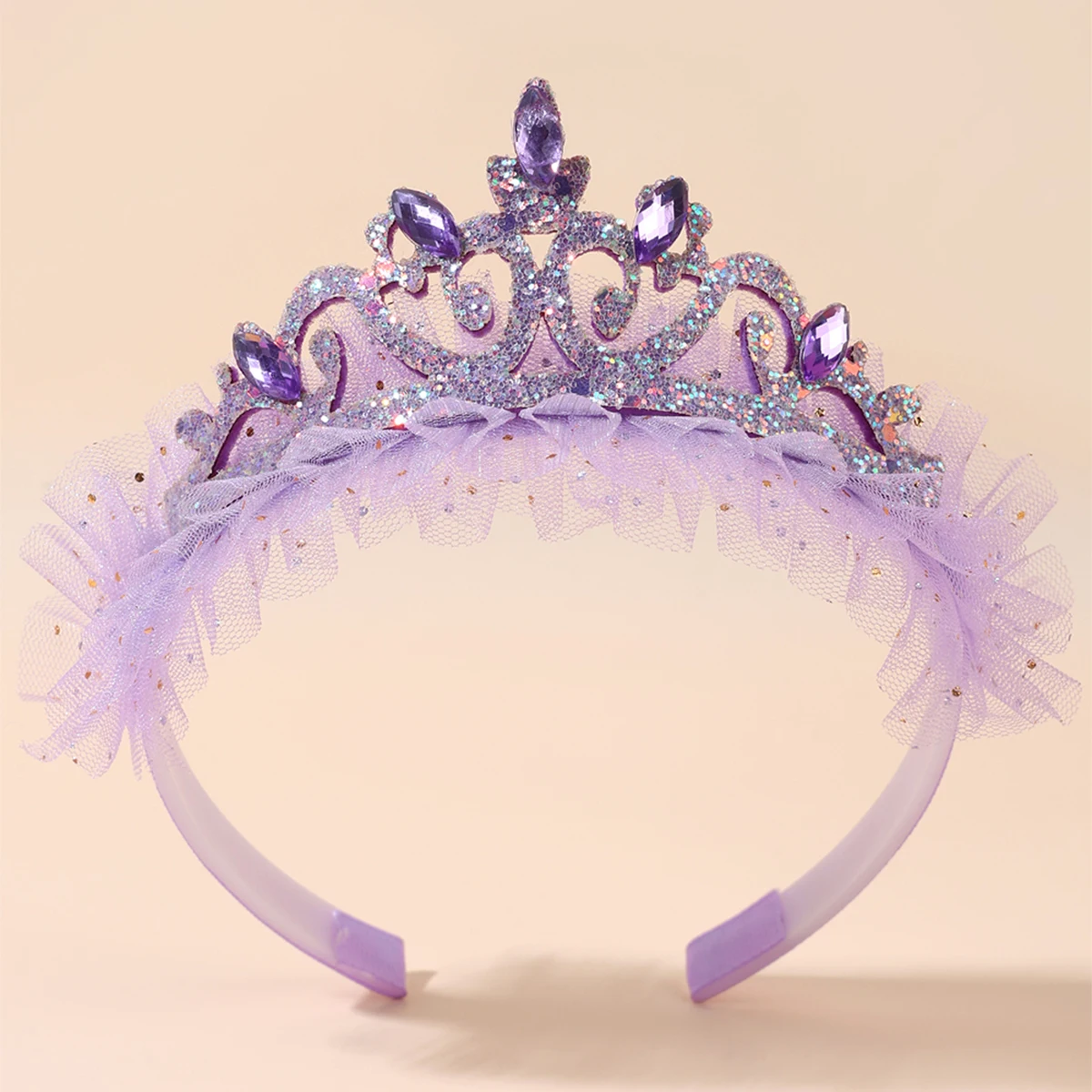 Cute Girls Glitter Princess Tiara Headband with Lace Tulle Rhinestone Crown Hair Hoop Kids Birthday Party Gift Hair Acces