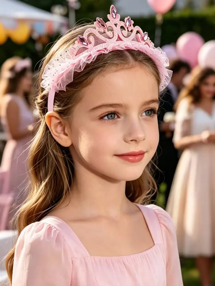 Cute Girls Glitter Princess Tiara Headband with Lace Tulle Rhinestone Crown Hair Hoop Kids Birthday Party Gift Hair Acces