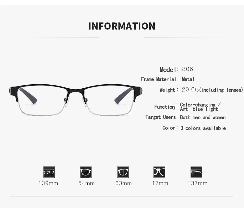 Multifocal Color-changing Men's Half-frame Smart Zoom Near-far Presbyopic Glasses806