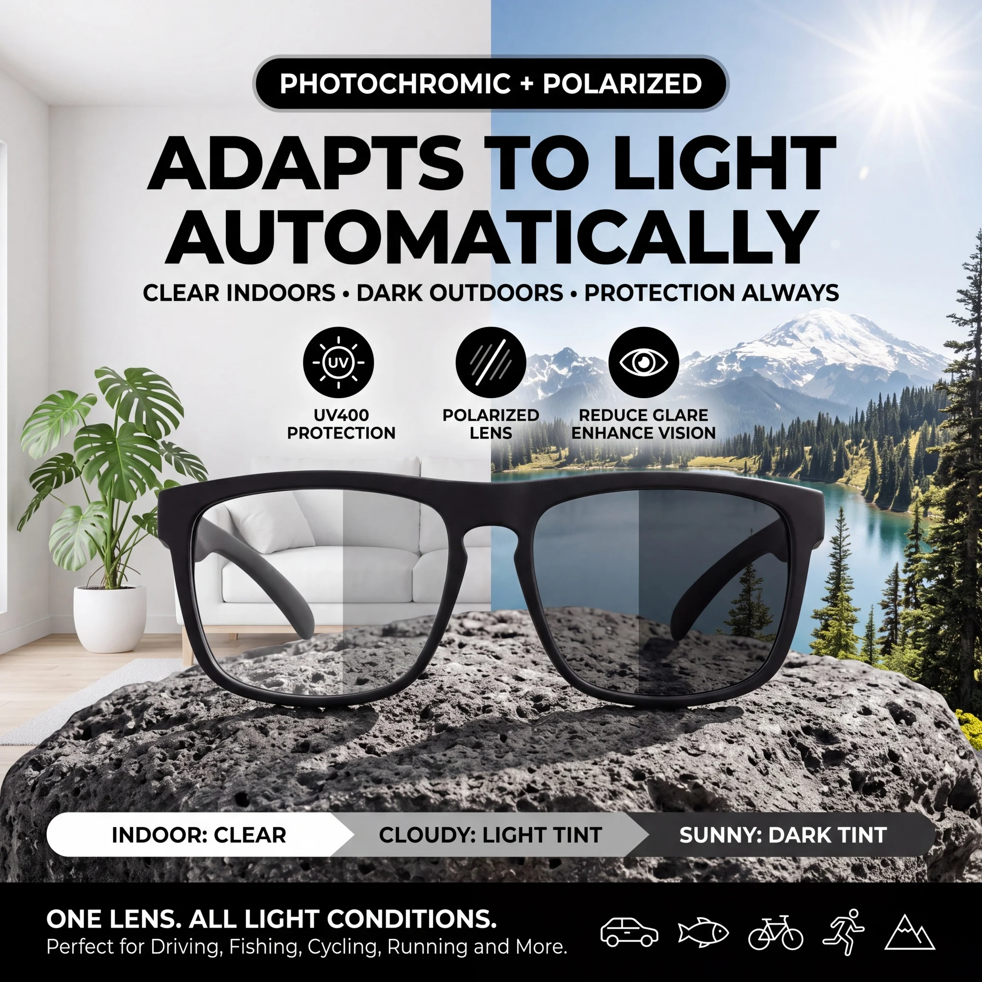 Sports Photochromic Polarized Sunglasses Unisex Classic Square Frame UV400 Anti-Glare All Day Wear for Driving Fishing Cycling