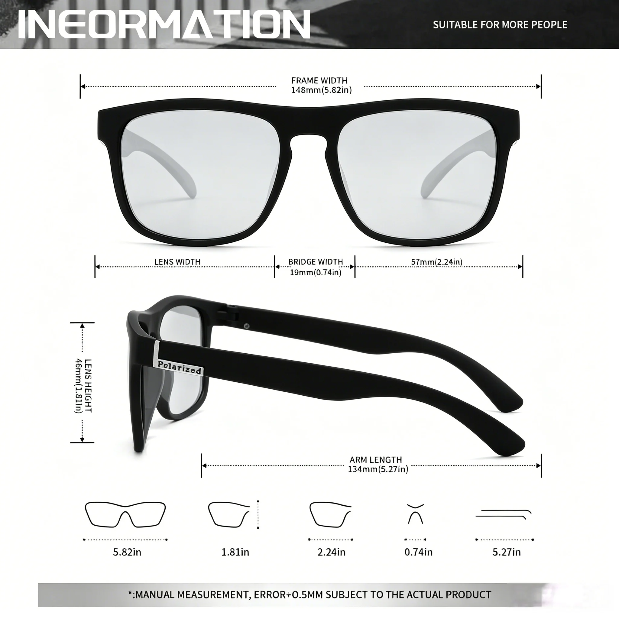 Sports Photochromic Polarized Sunglasses Unisex Classic Square Frame UV400 Anti-Glare All Day Wear for Driving Fishing Cycling