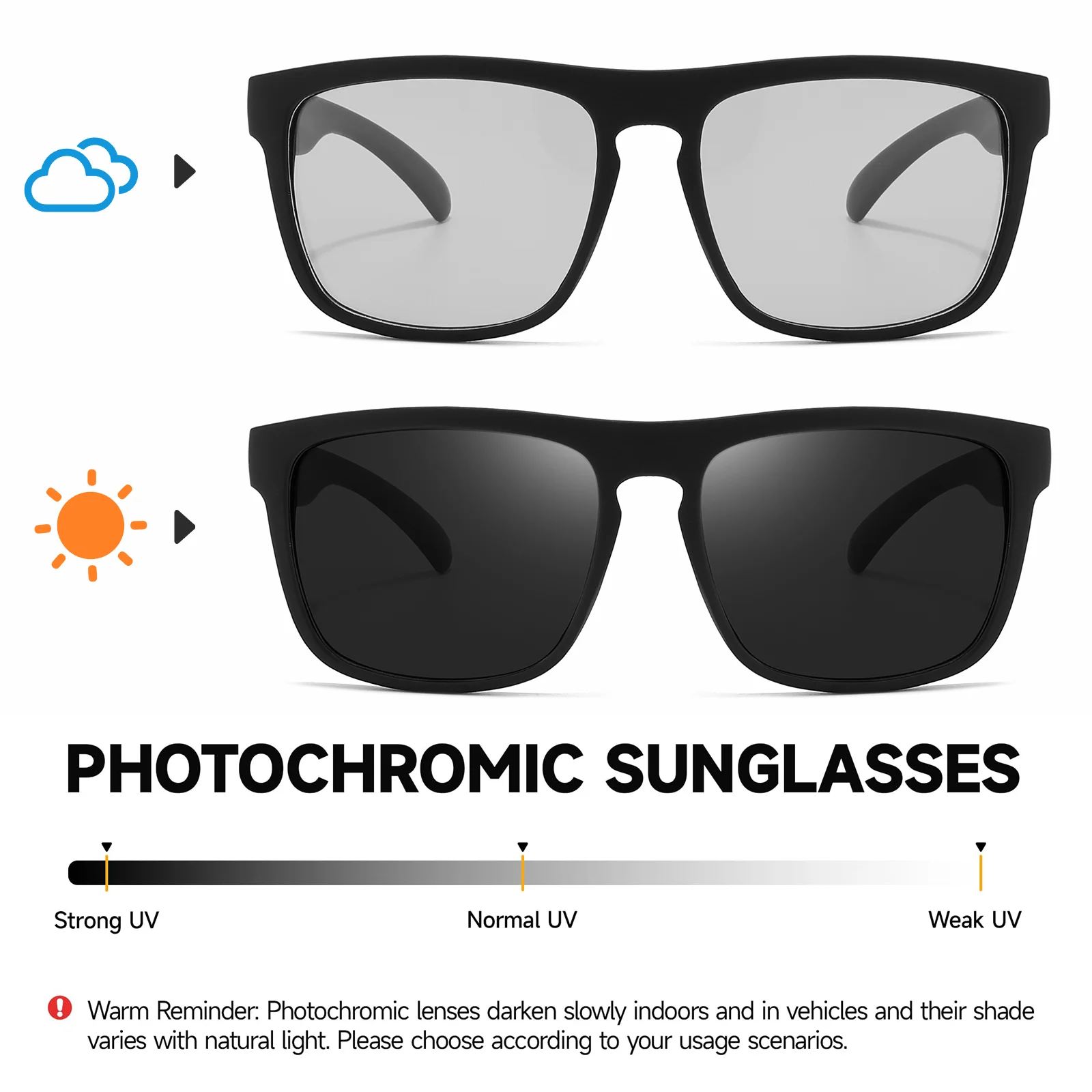 Sports Photochromic Polarized Sunglasses Unisex Classic Square Frame UV400 Anti-Glare All Day Wear for Driving Fishing Cycling