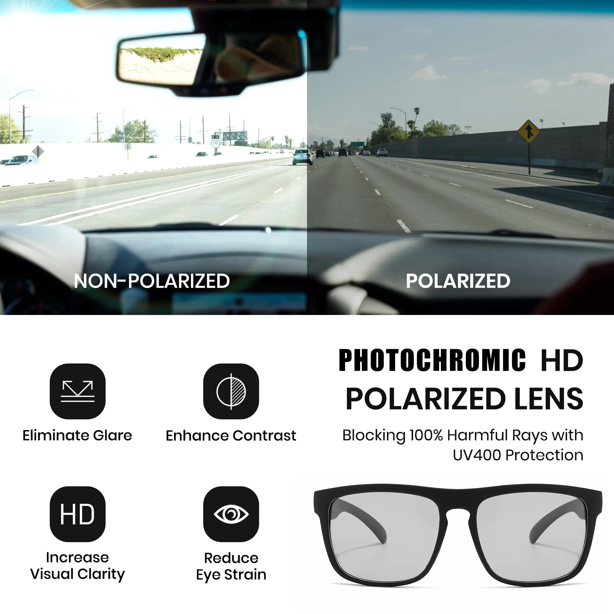 Sports Photochromic Polarized Sunglasses Unisex Classic Square Frame UV400 Anti-Glare All Day Wear for Driving Fishing Cycling