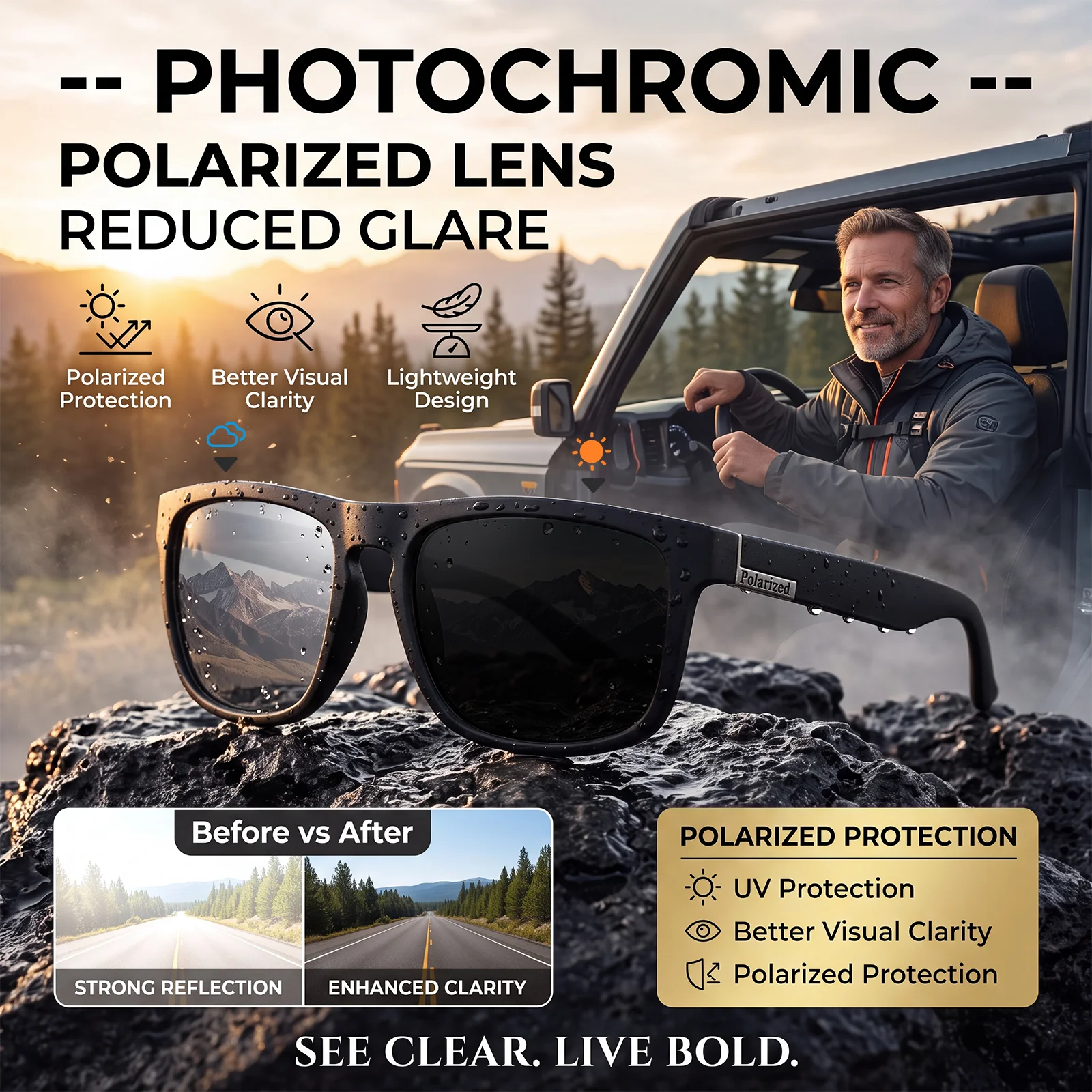 Sports Photochromic Polarized Sunglasses Unisex Classic Square Frame UV400 Anti-Glare All Day Wear for Driving Fishing Cycling