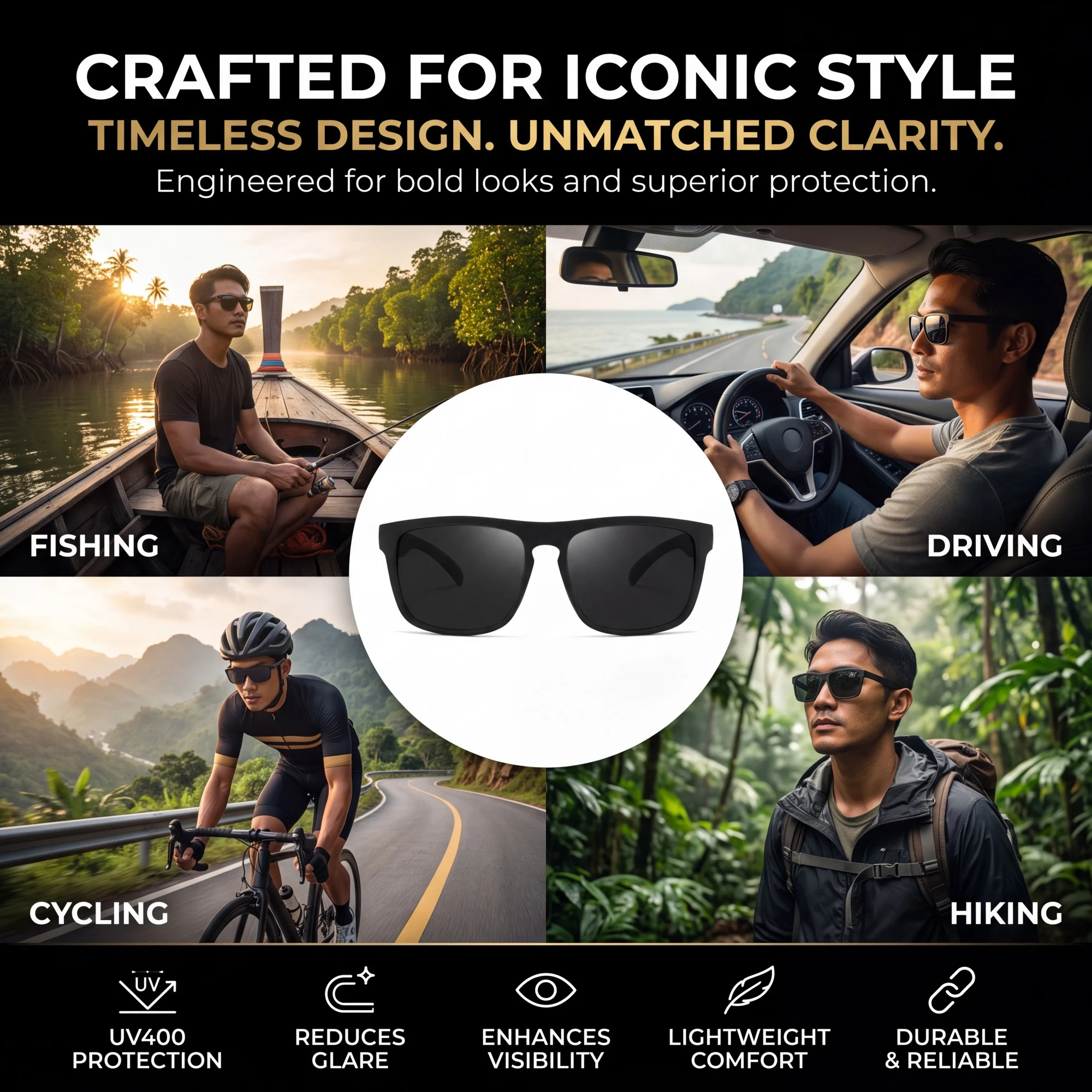 Sports Photochromic Polarized Sunglasses Unisex Classic Square Frame UV400 Anti-Glare All Day Wear for Driving Fishing Cycling