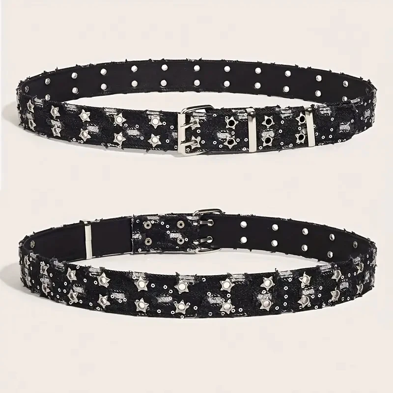 1PC New Fashion Luxury Belt Black Punk Accessories Blue Denim Girdle HipHop Y2k Star Hollowed Pin Buckle Waistband,For Men Women