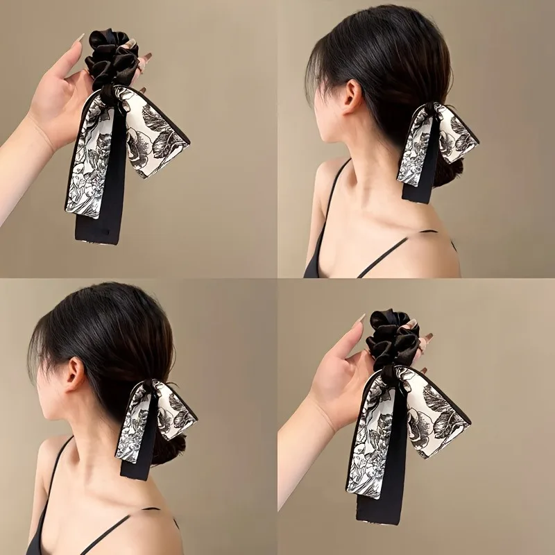 Black Velvet Retro Art Black White Printed Long Ribbon Hairband Bow Shaped Women Curling Elegant Fashion Versatile Decorative