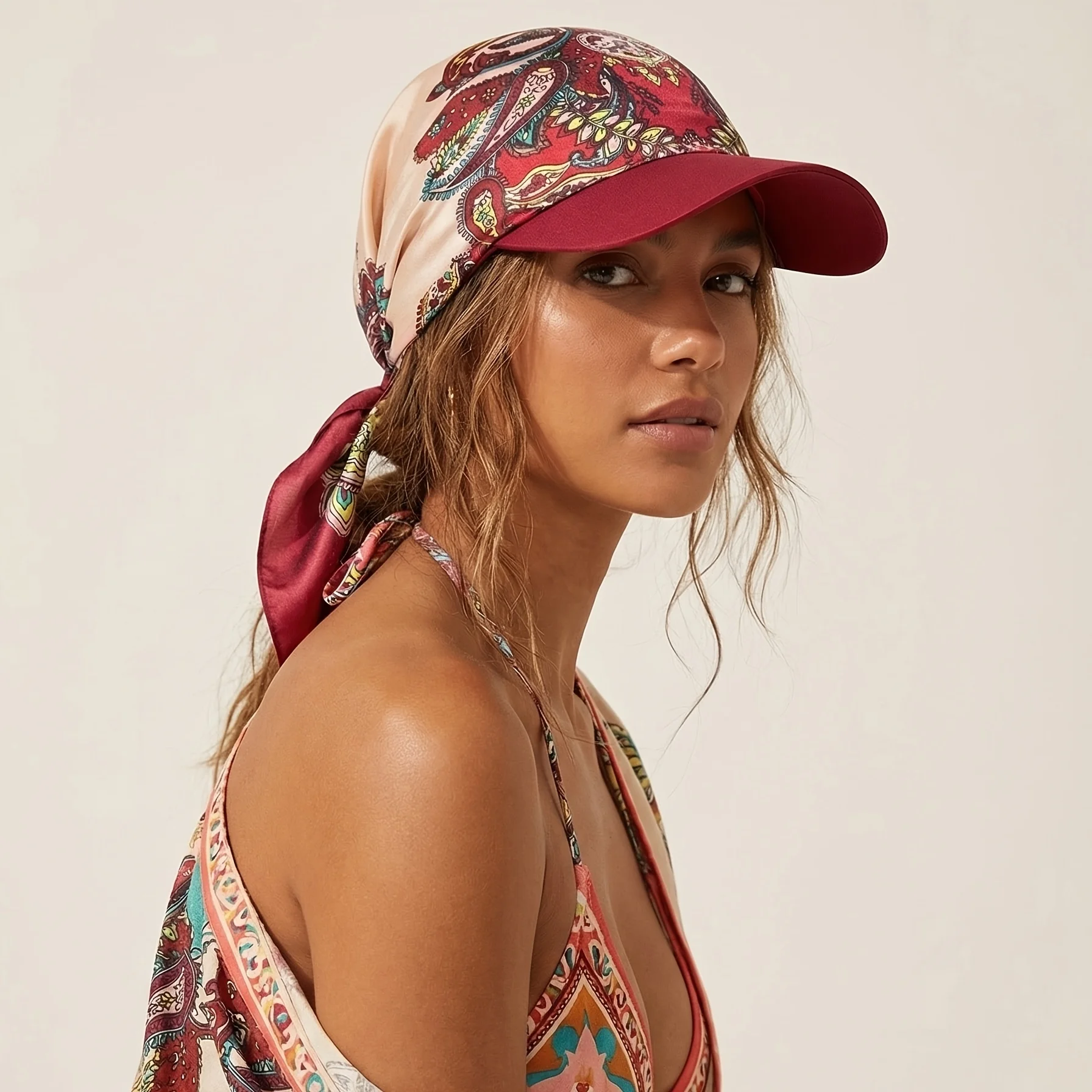 Women's Headscarf Sun Hat Self-Tie Brimmed Scarf Cap Beach Vacation Sun Protection Hat Chemotherapy Cap