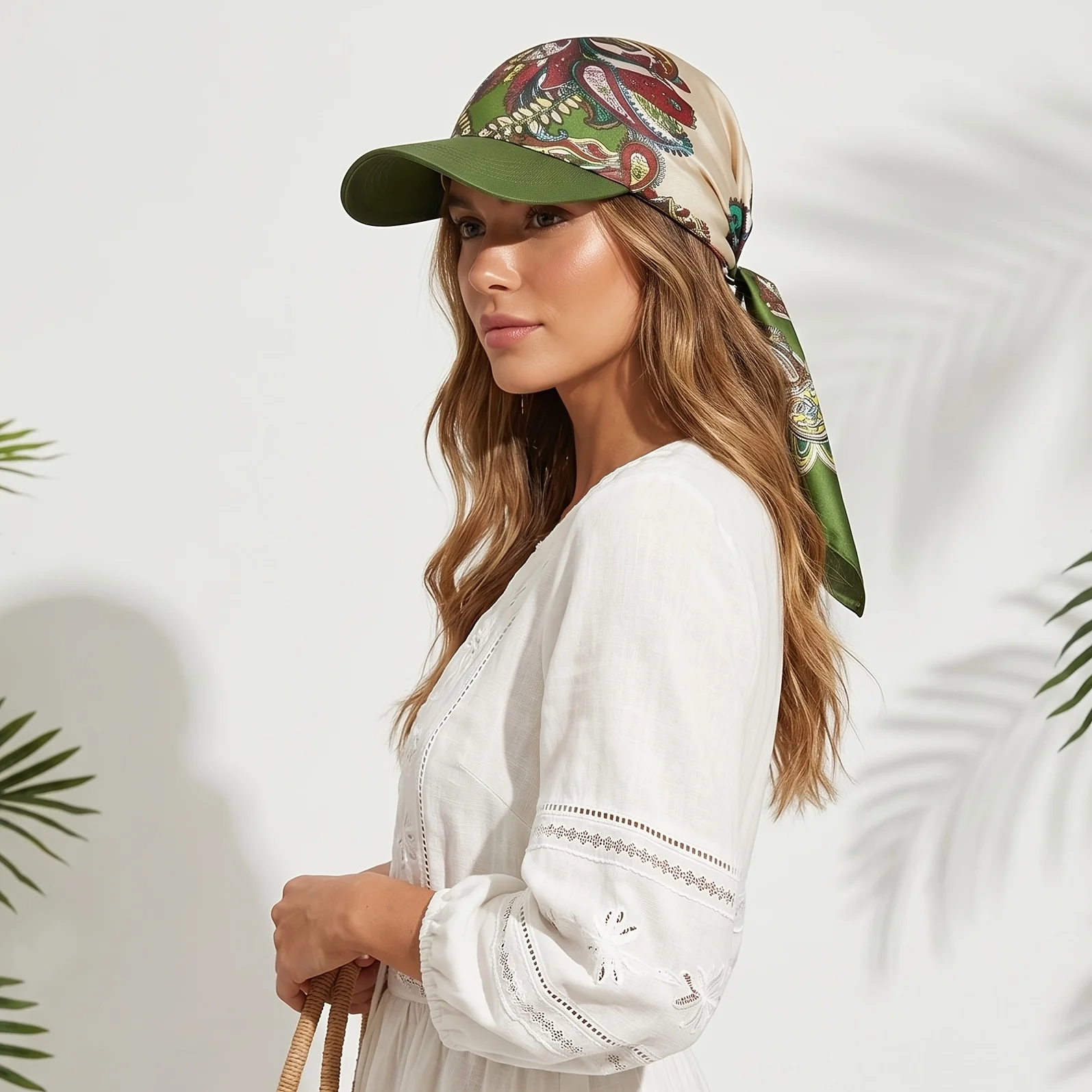Women's Headscarf Sun Hat Self-Tie Brimmed Scarf Cap Beach Vacation Sun Protection Hat Chemotherapy Cap