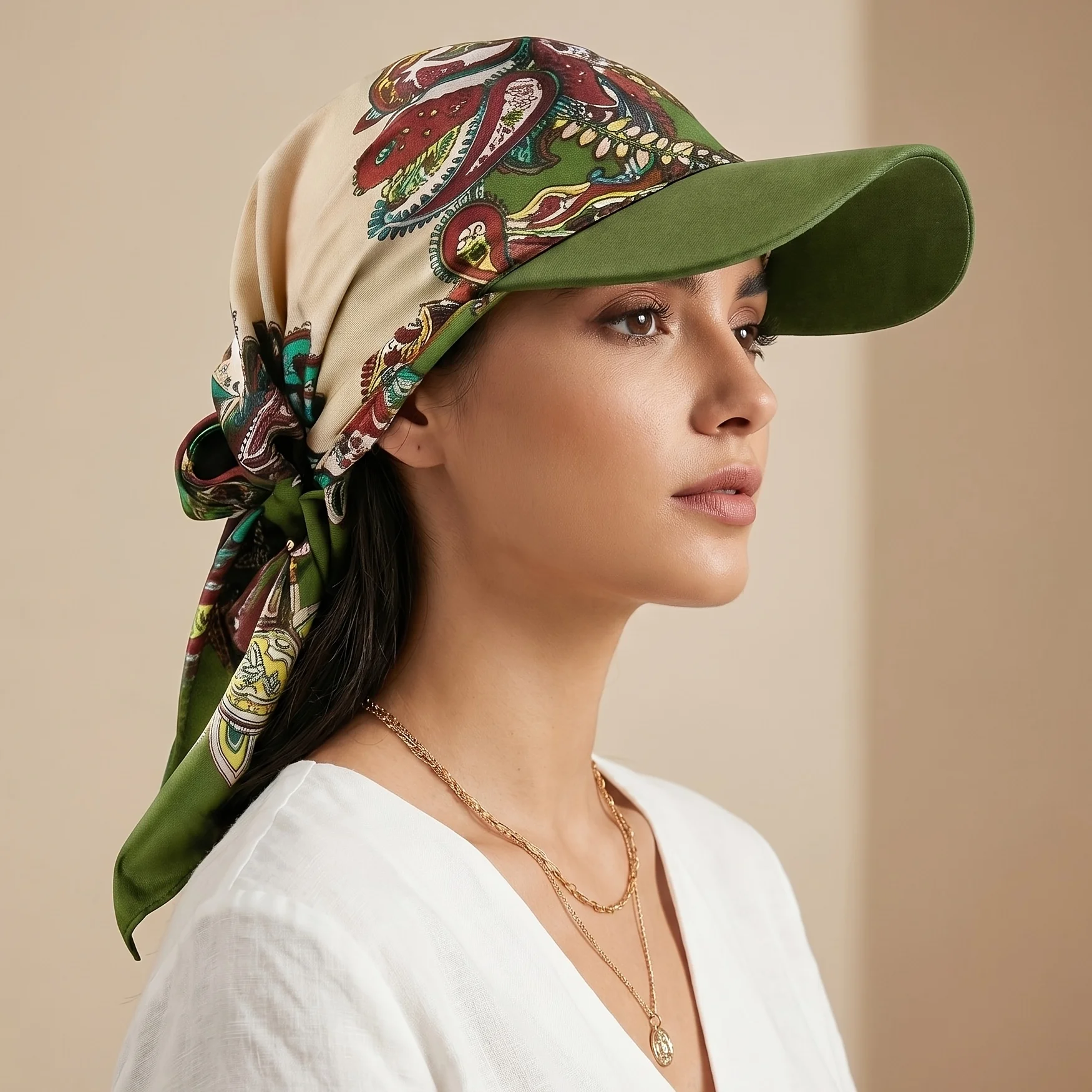 Women's Headscarf Sun Hat Self-Tie Brimmed Scarf Cap Beach Vacation Sun Protection Hat Chemotherapy Cap