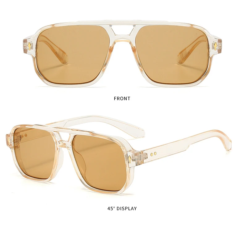 Vintage Double Bridges Men Square Sunglasses Fashion Clear Ocean Lens Eyewear Women Trending Rivets Glasses UV400 Gafas De Sol