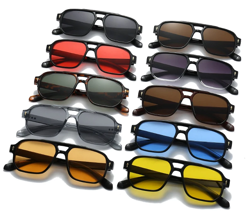 Vintage Double Bridges Men Square Sunglasses Fashion Clear Ocean Lens Eyewear Women Trending Rivets Glasses UV400 Gafas De Sol