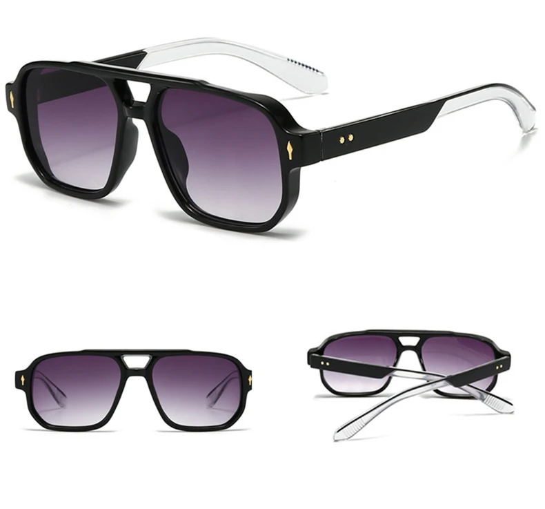 Vintage Double Bridges Men Square Sunglasses Fashion Clear Ocean Lens Eyewear Women Trending Rivets Glasses UV400 Gafas De Sol
