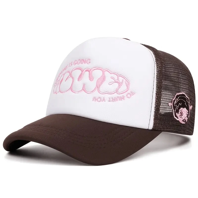 A little girl with a crying face, a sponge embroidered baseball cap, a men's and women's outdoor mesh baseball cap for casual